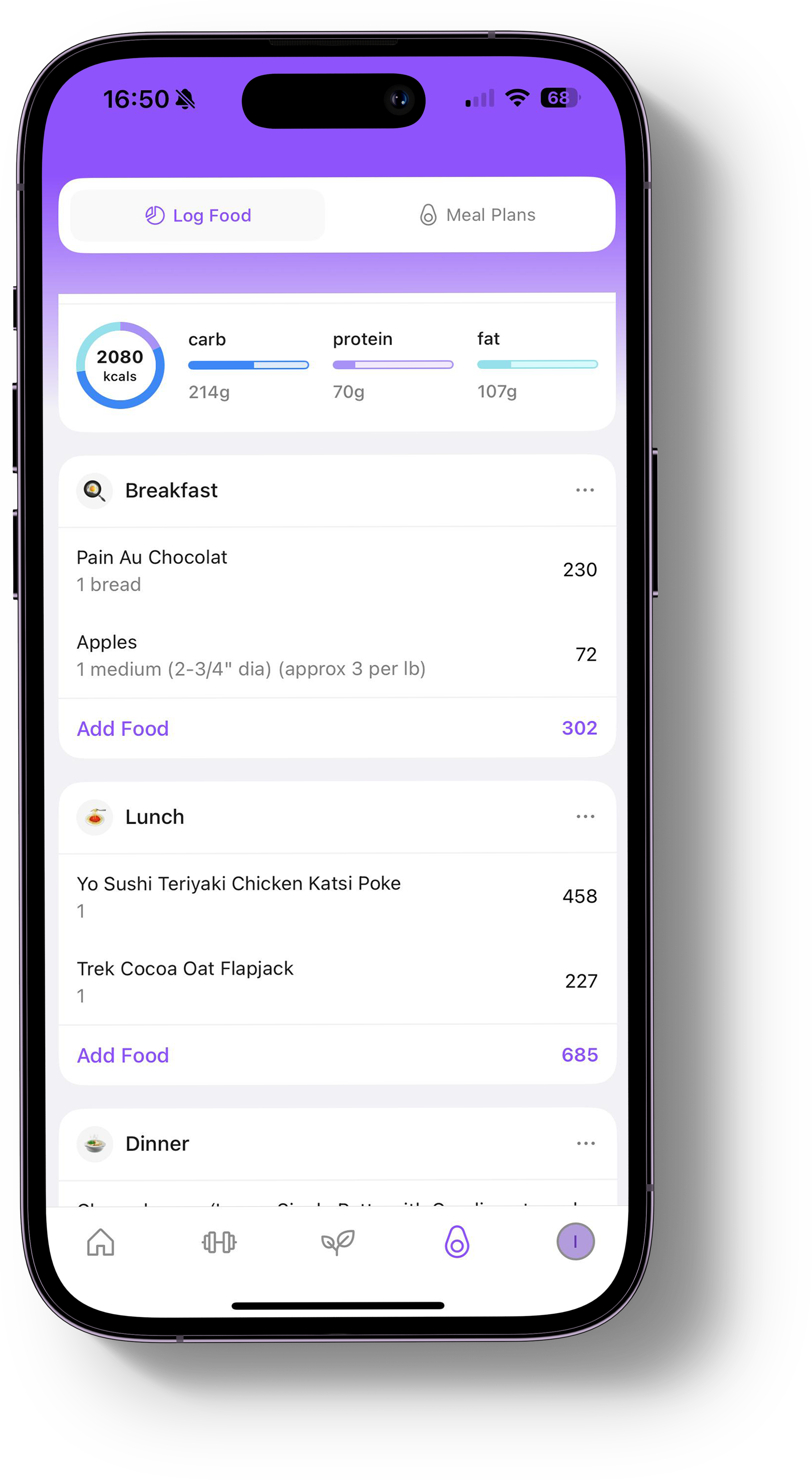 Calorie tracking area of the app